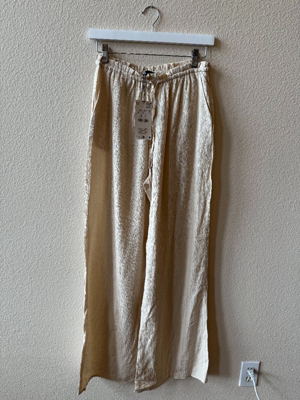 Zara NWT Cream Crinkled Wide Leg Drawstring Pants Sz S New